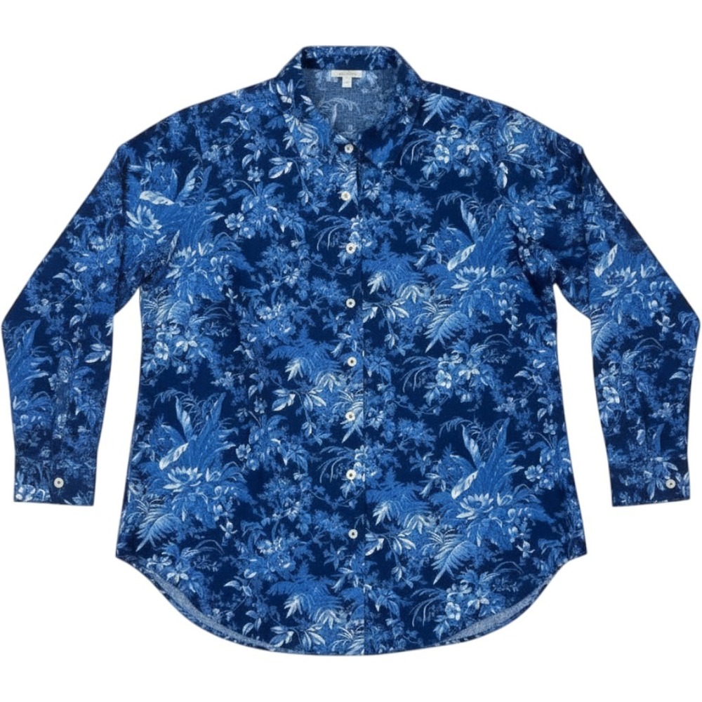 Talbots Plus Blue White Tropical Floral Toile Cotton Button Down Shirt 1X